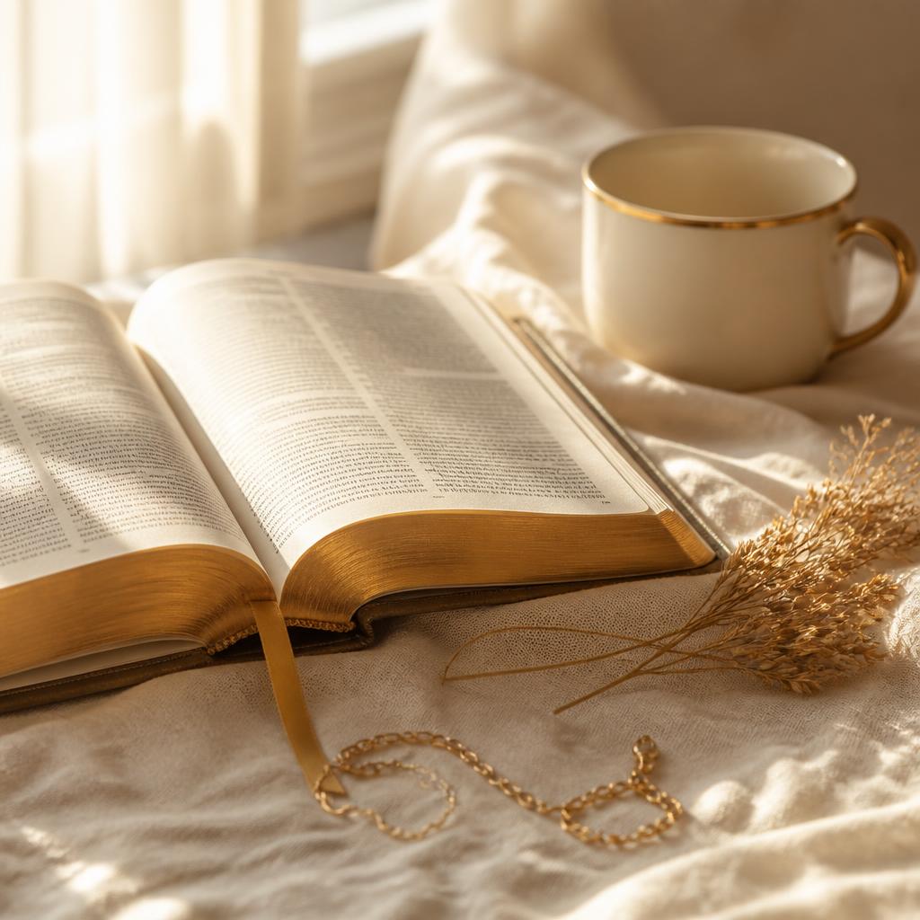 Open KJV Bible on linen with an ivory gold-rimmed mug in soft morning light